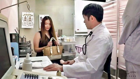 Asian doctor examining female patient in clinic, JAV medical fetish scene