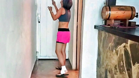 Calvohot70's hot Latina step-daughter-in-law in pink shorts and sports bra