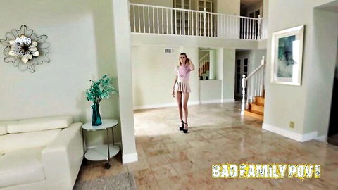 Maria Anjel in short pink dress, teasing walk in BadDaddyPOV stepfamily scene