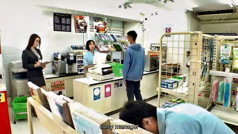 Japanese grocery clerk seduces busty manager in store, impregnation JAV scene