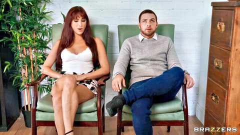 Redhead woman in white top and miniskirt with man in sweater, Brazzers couple therapy thumbnail