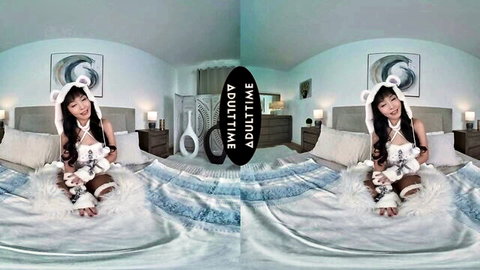 Petite Asian Marica Hase in bunny lingerie spreading legs on bed VR view