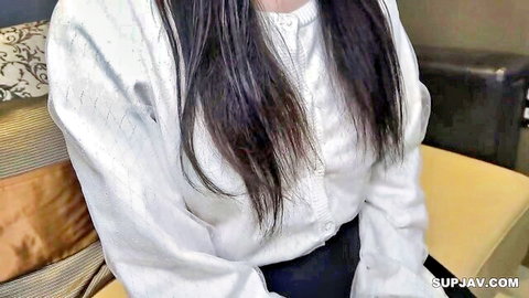 Beautiful Japanese student Misaki in white cardigan and black pants