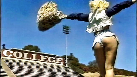 Blonde cheerleader Shay Sweet shows round ass in short uniform at college stadium