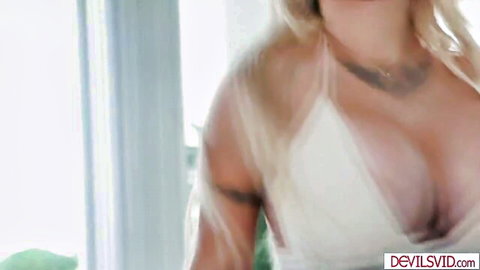 Kitana Montana blonde Latina with massive tits in sheer white lingerie