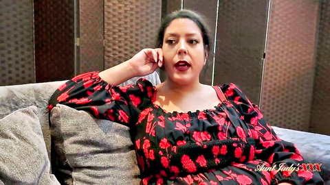 Cassy Hill in sexy red floral dress, surprised POV phone tease, Aunt Judys