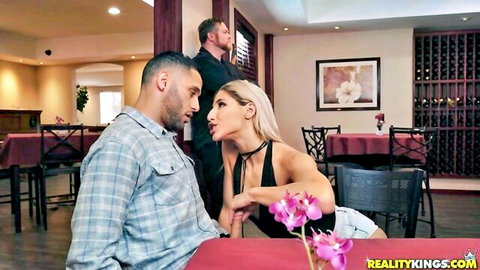 Abella Danger flirts seductively with man in bar, choker and low-cut top