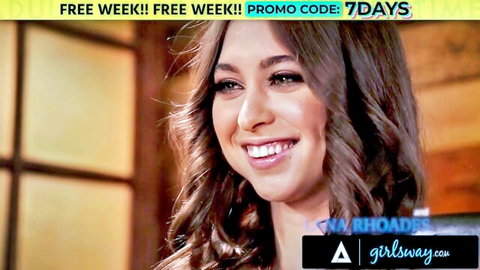 Smiling brunette babe Alexa Rhodes promotes GirlsWay lesbian pussy licking and scissoring videos