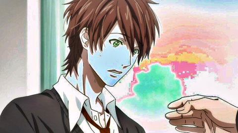 Anime schoolboy in uniform looks surprised as hand reaches toward his blue-tinted face