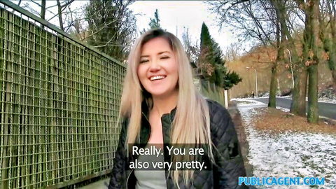 Cute blonde Russian smiling outdoors in Public Agent cash sex scene