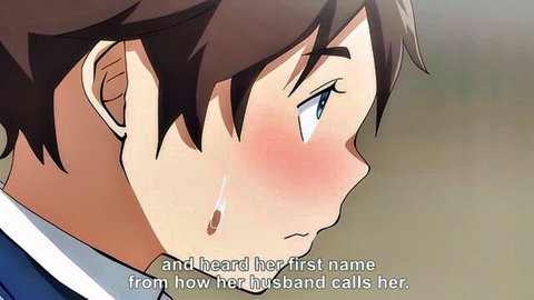 Blushing anime wife in school uniform hears her first name called