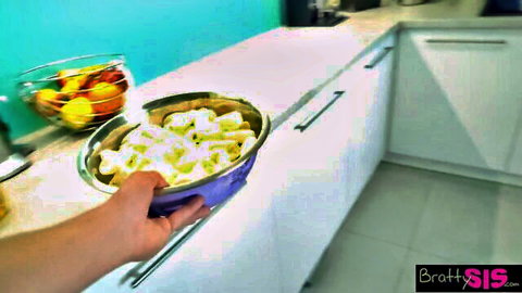 Simon Kitty holding bowl of white cream in kitchen tease, Bratty Sis