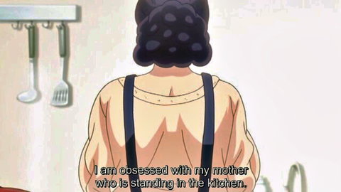Busty hentai MILF in suspenders from behind in kitchen, obsessed son theme