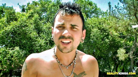 Maserati XXX in BigNaturals oil cum in pussy scene, shirtless stud outdoors
