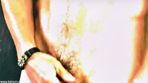 Gay bareback close-up of hand gripping hairy cock for anal prep
