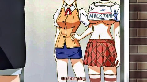 Anime blonde schoolgirl and busty milf in tight shirt and uniform saying good morning