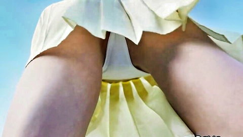Kyle Mason in upskirt view of girl in yellow pleated skirt and white panties