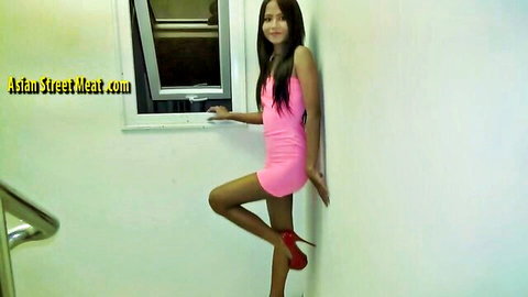Exotic petite Asian in pink mini dress and red heels posing seductively
