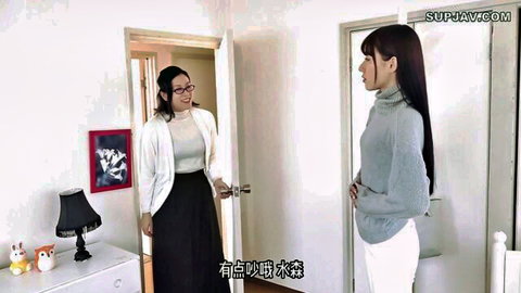 Two petite Japanese brunettes in tight sweaters and skirts chatting through bedroom door.