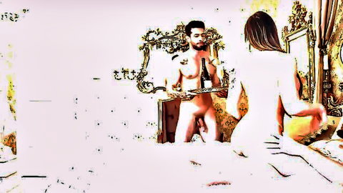 Nude man with erect cock holds champagne bottle as naked woman embraces him from behind in ornate mirror reflection