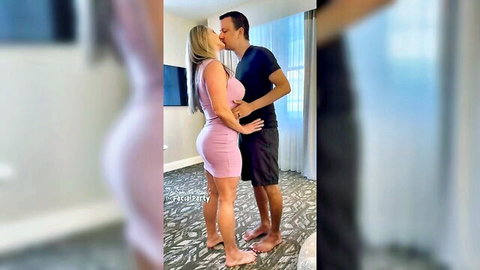 Blonde curvy hotwife in tight pink dress kisses man from behind