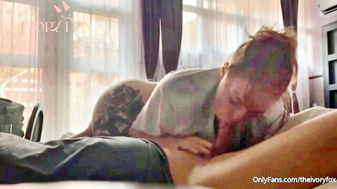 Bearded man rims tattooed woman's bare ass doggystyle in hotel room rough sex
