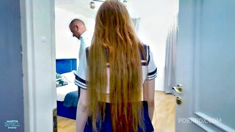 Skinny redhead teen schoolgirl shows small ass cheeks under tiny skirt from behind in mirror reflection