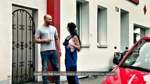 Texas Patti as sexy mechanic with nympho nature outdoors, teasing man
