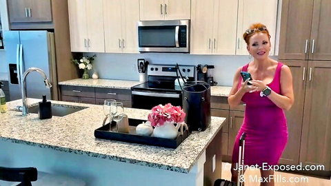 Janet Mason in tight pink dress, redhead MILF teasing in kitchen rendezvous