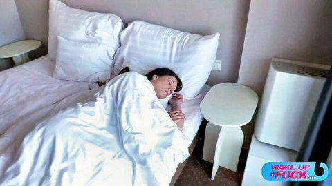 Hot Asian woman sleeping covered in white blanket in bed with wake up fuck tease