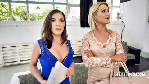Cherry Kiss and Henessy Randy in sexy office realtor dresses, POV tease