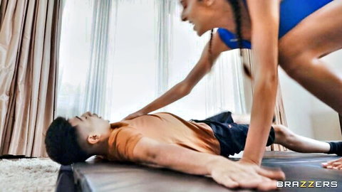 Jayla Page and Aria Sloane in Tap Out, ebony babe straddles man intensely