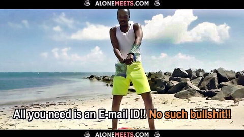 Man in tank top and shorts on beach, promoting alonemeets.com email signup