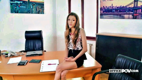 Rebel Lynn teasing in office POV, petite brunette on desk in mini skirt