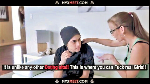 Blonde MILF in glasses touches young guy's shoulder in mymeet.com fuck site promo
