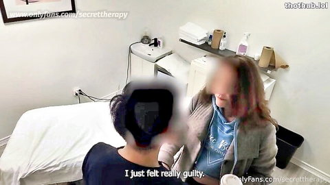 Blonde therapist comforting guilty client in secret therapy session