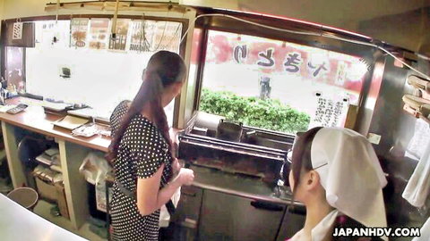 Akubi Yumemi in polka dot dress seducing shopkeeper in daytime JAV