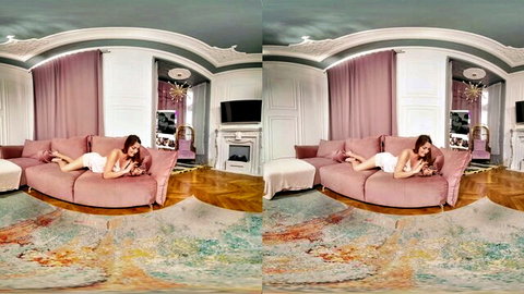 Megan Fiore in white lingerie lounging seductively, VR POV solo tease