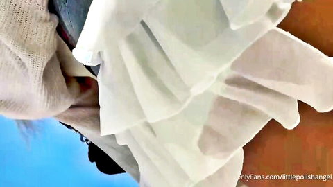 Lena Polanski teasing in white ruffled dress, OnlyFans close-up