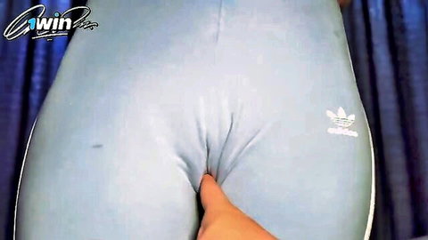 Horny neighbor in tight Adidas leggings fingered through fabric, creampie tease