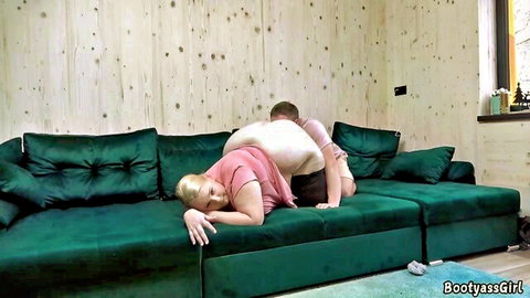 Chubby blonde in doggy style with buddy on couch