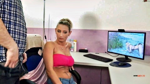 Vika-Viktoria in pink tube top, surprised in office with man touching her