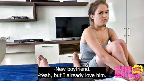 Brunette step-sister in gray tank top, sitting with bare feet, confessing love