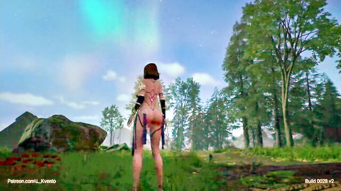Red-haired fantasy girl in minimal leather straps, bare ass outdoors under aurora, futanari tease