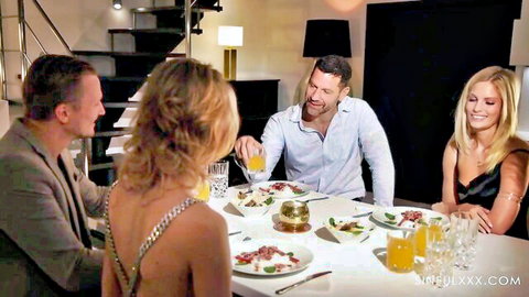 Candee Licious in backless dress at group dinner, teasing before sex