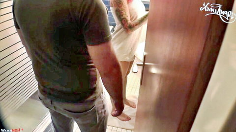 Tattooed skinny redhead in short white dress grabbed from behind by boyfriend in bathroom