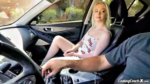 Skinny blonde teen in floral dress spreads legs in car as guy hand nears pussy on CastingCouchX