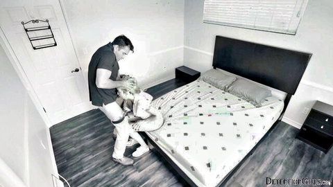 DILF daddy lifts petite blonde girl's spread legs high on bed in taboo bedroom scene