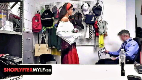 Penny Barber as sexy shoplifter caught by LP officer in red skirt