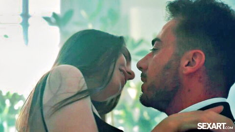 Monika May passionate kiss in white dress with lover - Sex Art